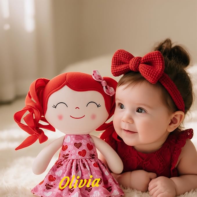 Gloveleya Personalized Name Baby Doll – Custom Red Hair Plush Girl Doll with Heart Dress 12", Unique Gift for Birthday, Baby Shower, Christmas & Holiday Keepsake for Toddlers and Little Girls
