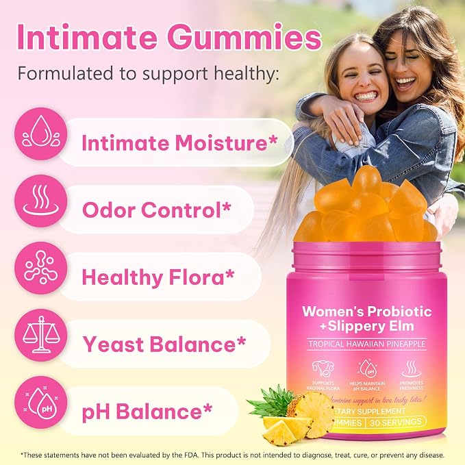 Feminine Probiotics Gummies,Vaginal Women Probiotic,Feminine Balance pH Gummies for Healthy Odor,Improve Immune,Support Vaginal Health,with Slippery Elm(60 Gummies)