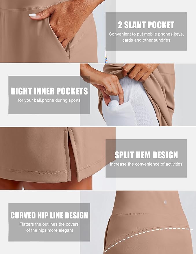 PINSPARK 20" Skorts for Woman Knee Length UPF 50+ Golf Skirts | 4 Pockets, Built-in Shorts, High Waisted, Split Hem, Silky-smooth, Moisture-wicking, for Golf Athletic Tennis Workout Casual