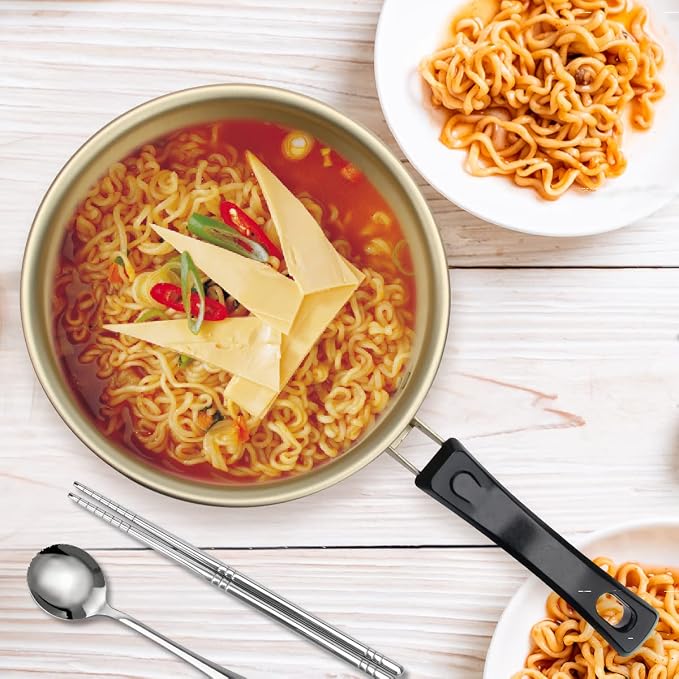 AHIER Korean Ramen Cooking Pot, Korean Ramen Noodle Pot with Lid, Spoon | Chopsticks (1pair), Single Handle, Fast Heating Stovetop for Kitchen Cookware Dorm and Camping