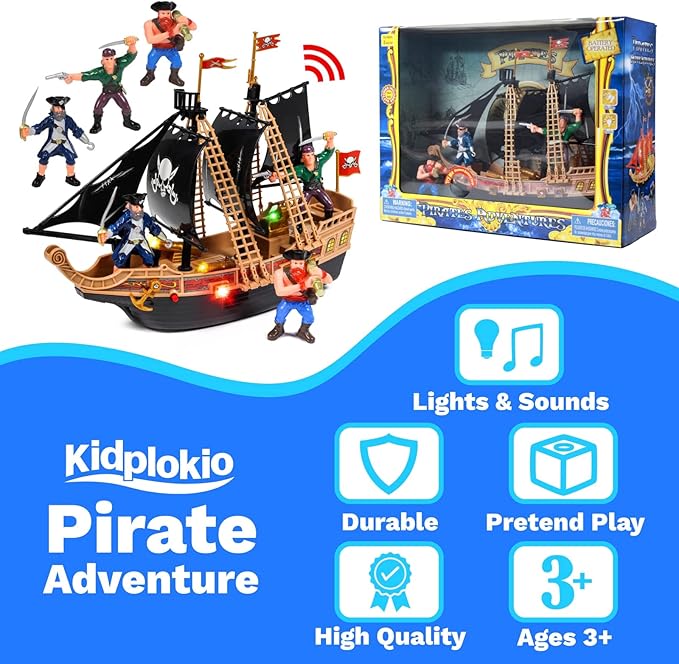 Toy Pirate Ship Boat Adventure Playset with Lights Sounds Action Figures, Black, Boys, Ages 3+