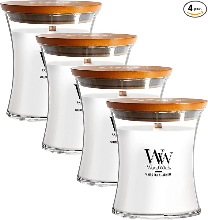 WoodWick White Tea & Jasmine Scented Medium Hourglass Candle, Crackles as it Burns, Great for Gifting, 9.7oz (Pack of 4)