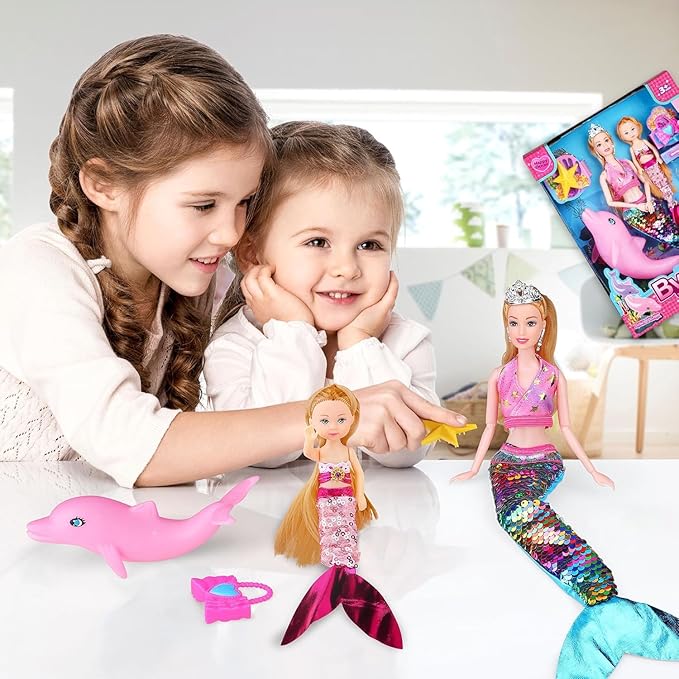 Baljinder Magical Mermaid Dolls with Little Mermaid | Summer Princess Doll & Color Change Dolphin Playset for Water Swimming | Mermaid Pool Toys for Girls 4-7 | Birthday Party Christmas