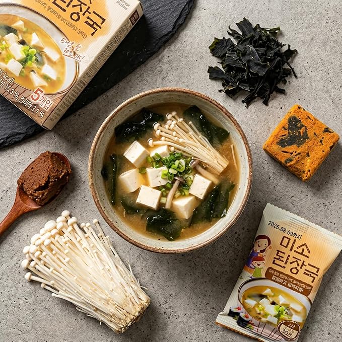 Benepisyo Instant Miso Soup Packets, 5 Pack Enoki Mushroom 팽이버섯 미소 된장국 5개입 | Freeze dried miso soup packets, enoki mushroom and seaweed, warm savory broth, quick comforting meal, office snack