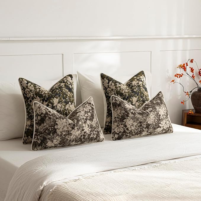 Pack of 2 Vintage Floral Throw Pillow Covers 18x18 Boho Farmhouse Accents Chenille Square Decorative Pillow Cases for Living Room Couch Bed Home Decor, Olive Green