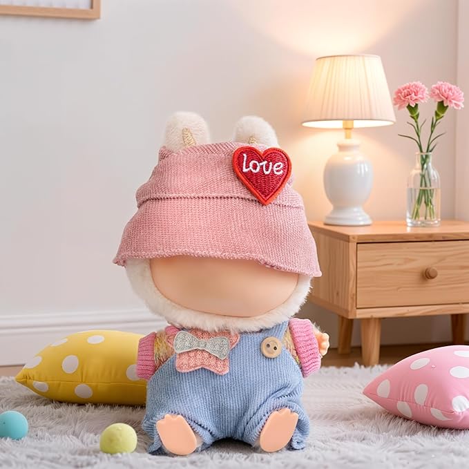 Handmade 17cm Doll Clothes - Kawaii Chic Style Set, Cute Doll Outfit with Accessories, Star Light Blue Romper + Heart Shaped Pink Hat + Colorful T-Shirt