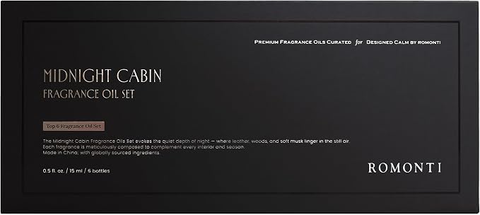Aroma Essential Oil Gift Set, Midnight Cabin Collection, 6 Pack Oils for Diffuser - Window Pine, Grooming House, Gentleman's Tea Room, Night Cologne, Leather Armchair, Library Linen