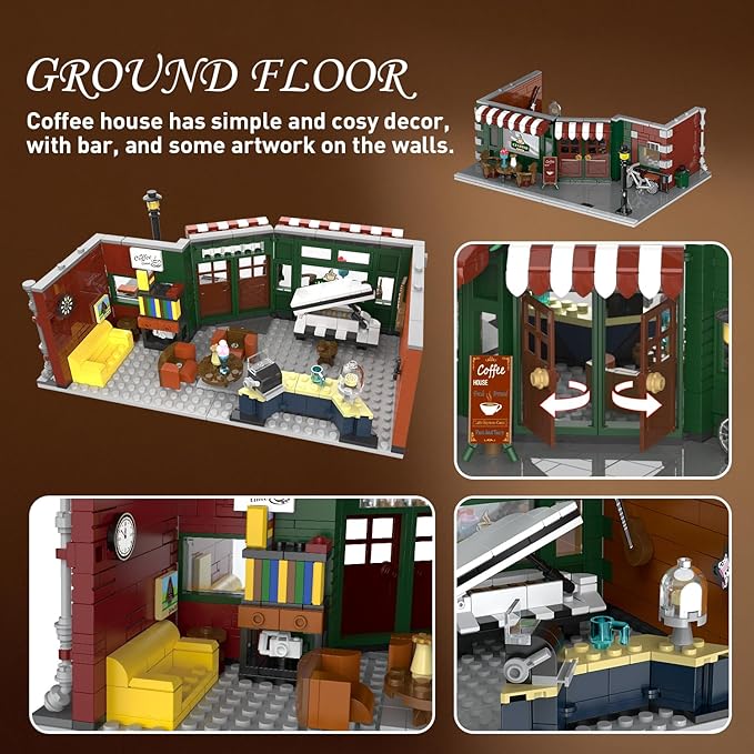 Coffee House Building Set with Light, 1589 PCS City Cafe Shop Building Block Toy with Stage Street Lights, Architecture Construction Model for Adults Teens Kids Ages 10 11 12+ Boys Girls