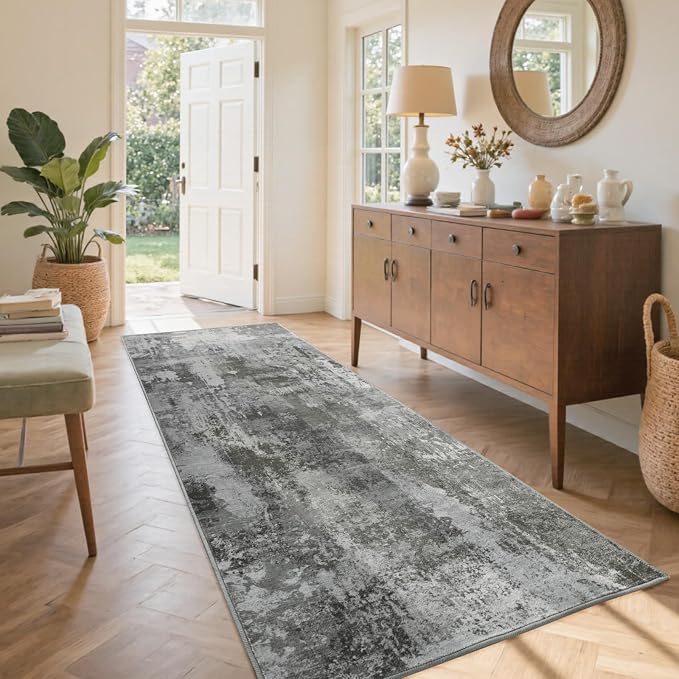 2x6 Ft Washable Runner Rug, Non-Slip Low Pile Hallway Kitchen Area Rug, Soft Long Entryway Floor Mat Abstract Pattern Carpet for Bedside & High-Traffic Areas (Dark Grey)