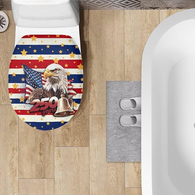 American Flag Toilet Lid Cover Set with Elastic Band US 250 Years Toilet Seat Cushion Cover Replacement for Bathroom Decor Machine Washable Polyester Fabric Bathroom Covers