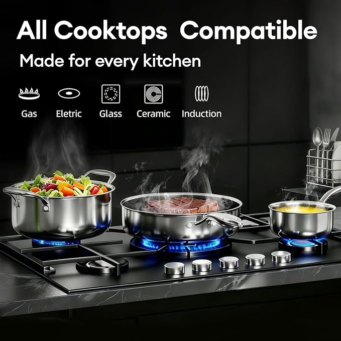 COOKER KING Hybrid Stainless Steel Cookware Set, 8pcs Pots and Pans Set | Hybrid, Non Stick, Non Toxic, PFOA Free, Induction Compatible, Oven and Dishwasher Safe, Stay-Cool Handles