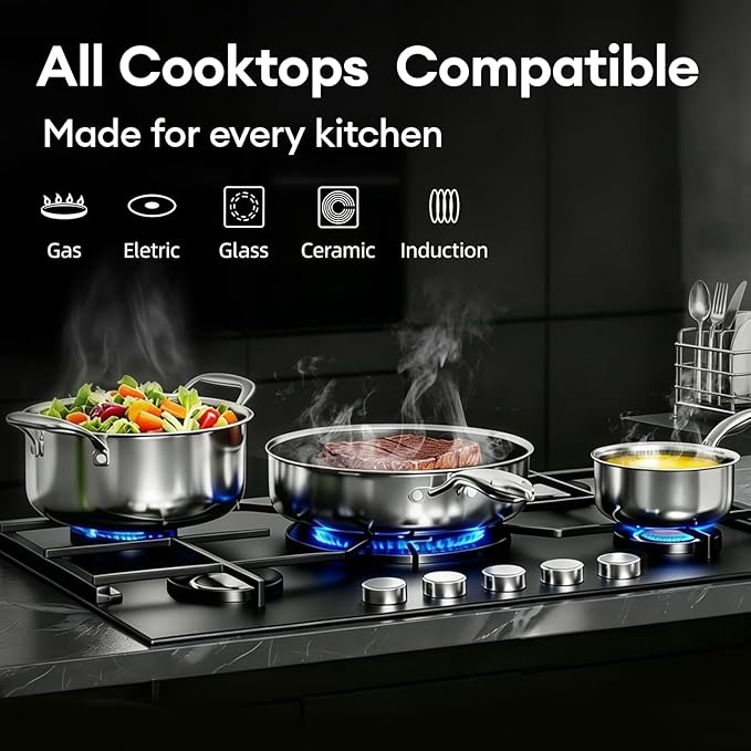 COOKER KING 10pcs Pots and Pans Set Non Stick, Stainless Steel Cookware Set | Hybrid, Non Toxic, Dishwasher and Oven Safe, All Cooktop Compatible, Stay-Cool Handles, PFOA Free