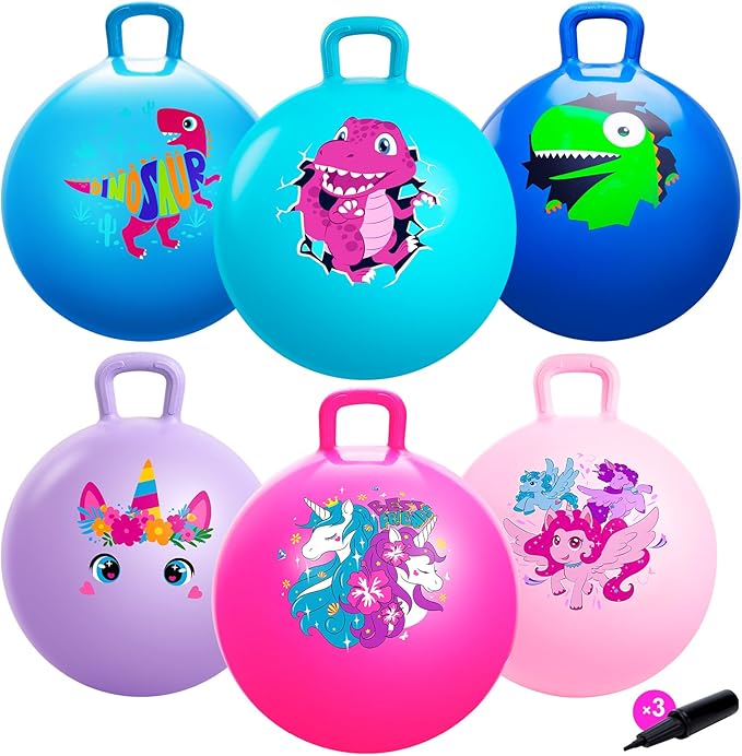 ZOOJOY 6pcs Hopper Balls for Kids 3-8, 18In Dinosaur & Unicorn Bouncy Ball with Handle, Sit on Hopping Toys for Sport/School/Team Active Play, Hippity Hop Ball for Indoor Outdoor Games with Pump