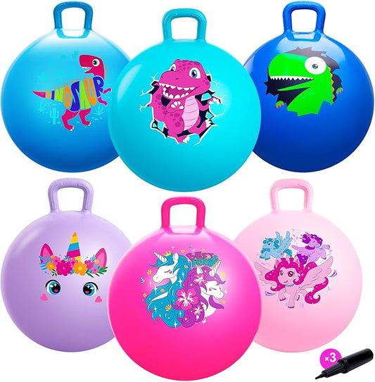 ZOOJOY 6pcs Hopper Balls for Kids 3-8, 18In Dinosaur & Unicorn Bouncy Ball with Handle, Sit on Hopping Toys for Sport/School/Team Active Play, Hippity Hop Ball for Indoor Outdoor Games with Pump