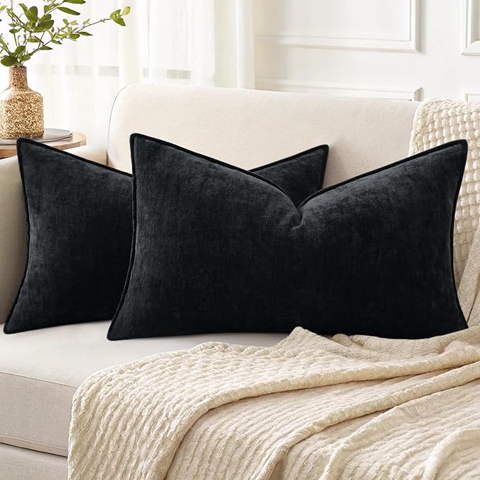 decorUhome Chenille Black Velvet Throw Pillow Covers 12x20 Set of 2 | Fall Soft Lumbar Couch Decorative Modern Farmhouse Pillow Cases with Elegant Design for Sofa Bed Living Room Home Decor