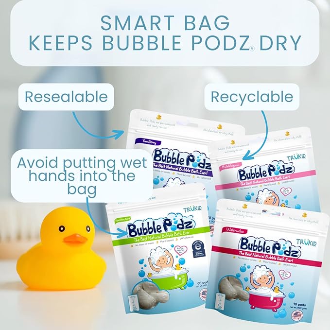 TruKid Bubble Podz Bubble Bath for Kids, Toddlers, & Babies, Tear Free Gentle & Refreshing Bath Bomb for Sensitive Skin with Natural Moisturizers, Non-Toxic, pH Balanced, Eucalyptus Scent (60 Podz)