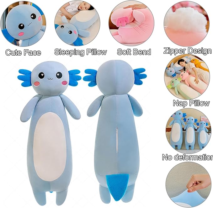 Long Axolotl Stuffed Animal Salamander Plush Pillow, Soft Axolotl Plush Toy for Boys Girls Gifts for Christmas(Blue, 80cm/31.49inch)