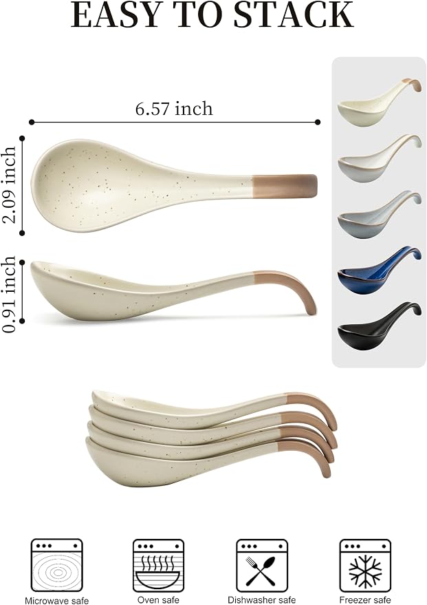 LYEOBOH 6 Pieces Asian Soup Spoons, Japanese Kitchen Soup Spoon Set, Dinner Tablespoons with Long Handle for Cereal, Ramen, Ice Cream, Dishwasher & Microwave Safe, Rustic Decor, White and Brown