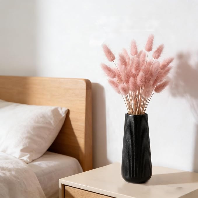 7.8''H Ceramic Vase, Pampas Grass Vase, Ribbed Modern Decor, Matte Black | Nordic Minimalist Flower Vase, Black Home Office Decor Vases, For Living Room, Dining Table, Bedroom, Kitchen Shelf