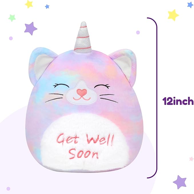 Easfan 13'' Get Well Soon Unicorn Cat Plush Pillow Soft Cute Stuffed Animal with Silver Horn Feel Better Gifts for Kids Patient Feel Better for Women