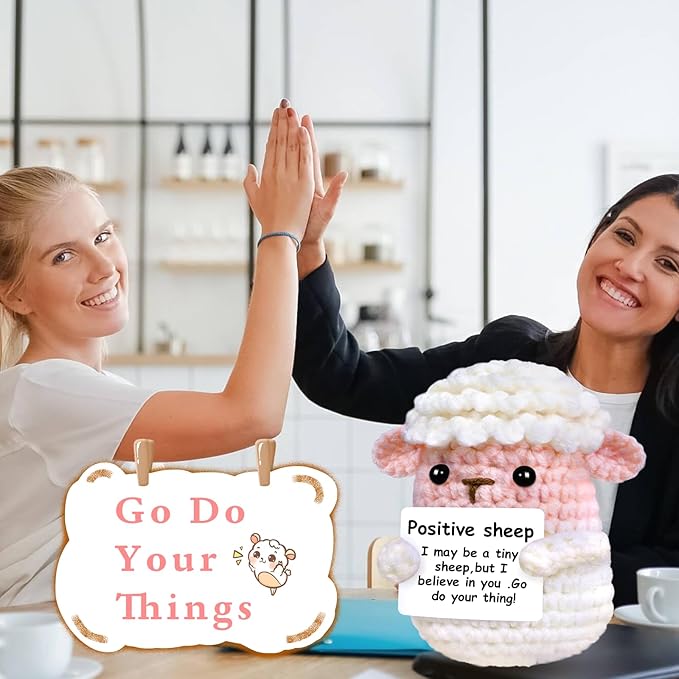 PARTY TONIGHT Positive Crochet Sheep with Affirmations Cards Sheep Gifts,Mini Knitted Positive Crochet Animals Lamb Emotional Support Crochet Sheep for Motivational Gift Sheep Decor