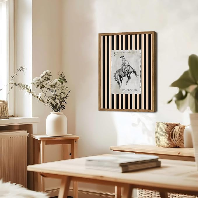 Vintage Western Wall Art, Rodeo Cowboy Horse Postage Wall Decor Mid Century Southwest With Stripes Western Canvas Prints for Living Room Bedroom Bathroom 24x36 inch Wood Framed