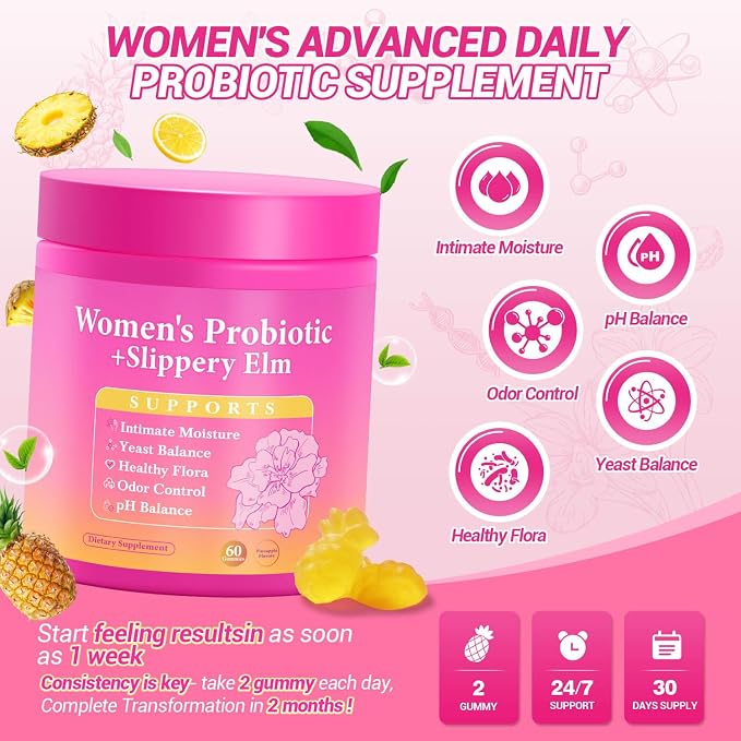 Her Juicy Feminine Probiotics Gummies | Womens Probiotic Slippery Elm, Probiotics for Women | Healthy Odor, pH Balance, Vaginal Health & Flora Support - 60 Pineapple Gummies