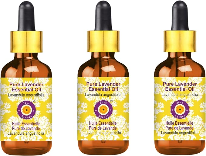 Deve Herbes Pure Lavender Essential Oil (Lavandula angustifolia) with Glass Dropper Steam Distilled (Pack of Three) 100ml X 3 (10 oz)