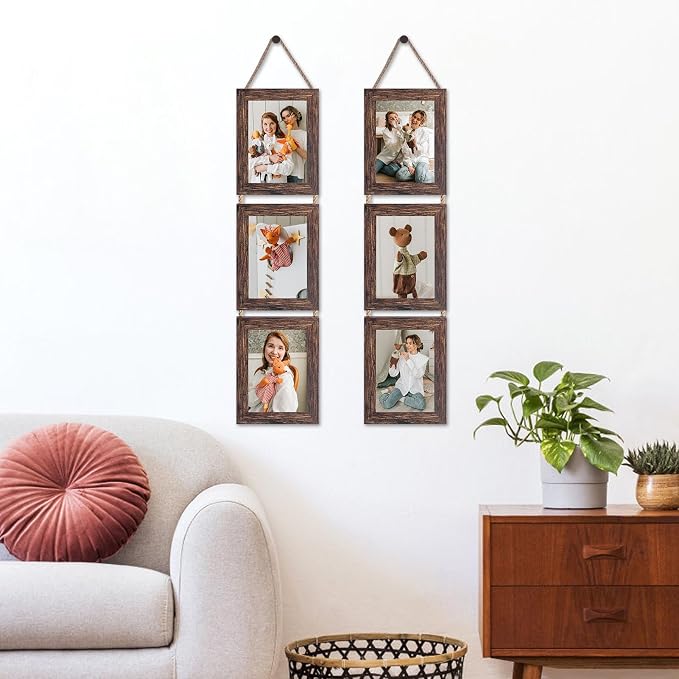 QUTREY Collage Picture Frames 5x7, 3 Openings Hanging Photo Frame Set for Vertical 5 by 7 inch Pictures for Wall, Distressed Brown, 2 Pack