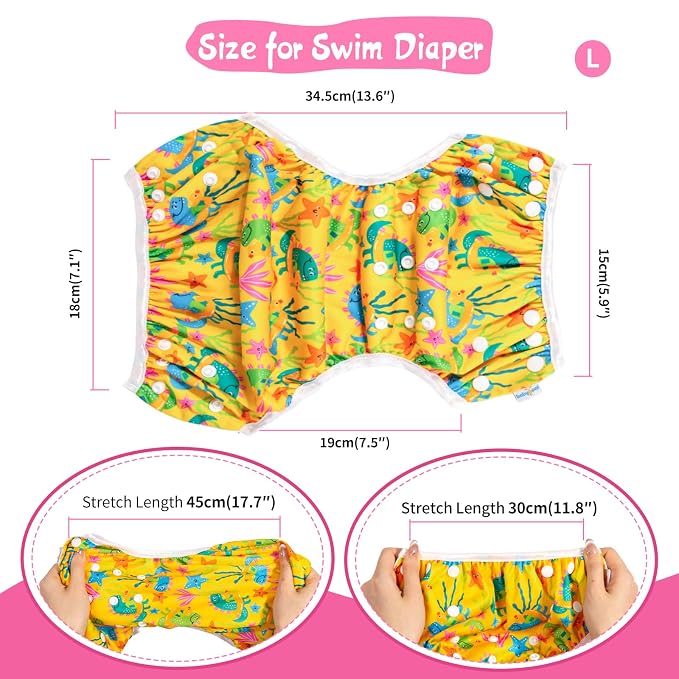 Babygoal Baby Girl Swim Diapers 3 Pack for 8M-3T Babies and Toddlers, Reusable Adjustable Washable for Swimming Lessons-Bird,Snake,Dinosaur