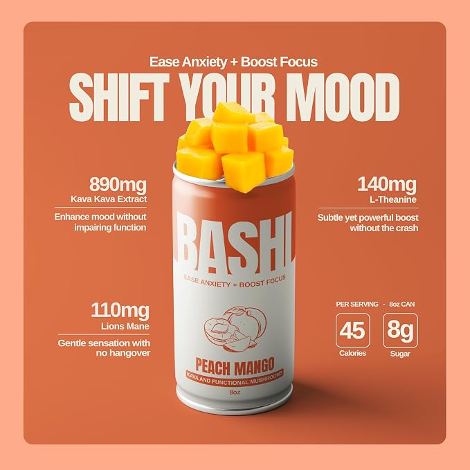 Bashi - Kava Drink Experience - 890MG of Kava, Alcohol Alternative, Natural Relaxation & Stress Relief - Plant-Based Kava Extract - Non-Alcoholic, Caffeine Free - Peach Mango 8oz - 6 Pack