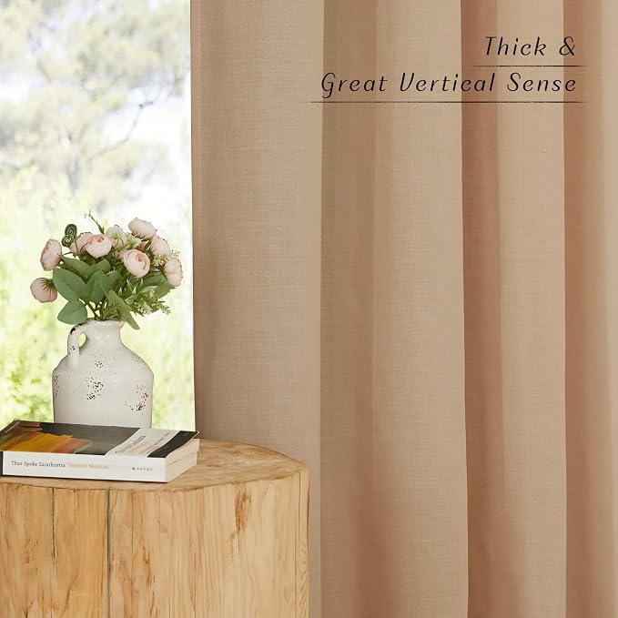 NICETOWN Linen Curtains 96 inches Long for Living Room, Grommet Semi Sheer Drapes Linen Weave Window Treatments Privacy Added with Light Filtering for Bedroom, Camel, W34 x L96, 2 Panels