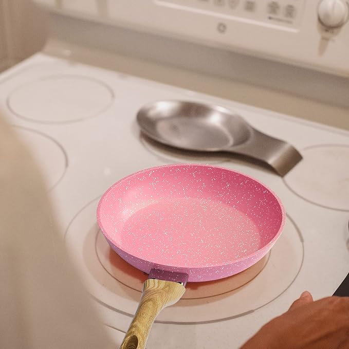 Frying Pan Nonstick, 9.5 Inch Pink Egg Pan, Non Stick Fry Pan 100% PTFE PFOA-Free Omelet Skillet Pan, Toxin-Free Skillets Stone Cookware, Anti-Warp Base with All Stove Tops, Induction Compatible | Even Heating All Stove Compatible, PFOA PFOS Free, Gran...