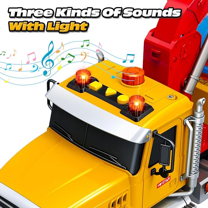 Kids Toys for 3 4 5 6 7 Years Old Boys, 15" Large Tow Truck Toy, Friction Powered Transport Truck Crane Vehicle Toy with Lights and Sounds, Racing Car, Traffic Signs, Birthday Gifts for Boys Girls