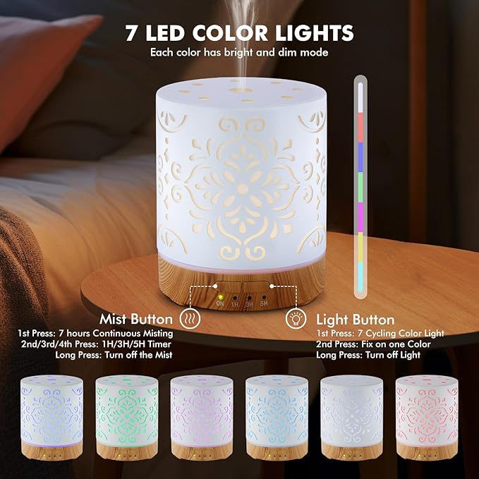 EQUSUPRO Essential Oil Diffuser 300ML Metal Aromatherapy Diffuser for Home with Auto Shut-Off & 4 Timers, Ultrasonic Humidifier with 7 Colors Lights for Large Room, Home Office Décor