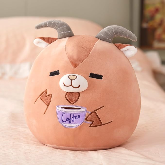 Glow Guards Original 12" Goat Plush Pillow Cute Goat Stuffed Animal with Coffee Soft Plush Toy Stuffed Animals Sheep Birthday Gift for Boys Girls Kids,Brown Barbary Sheep Holding Coffee