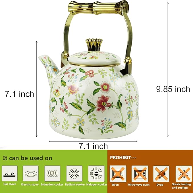 Vintage Enamel Tea Kettle Fragrant Flowers Pattern Stovetop Teapot with Gold Handle 2.5L Enamel Kettle Kitchen Decor, Ideal Gift for Housewarming Camping Coffee Pot