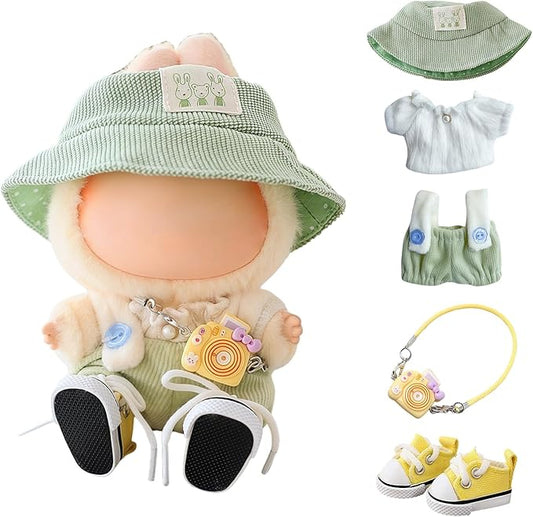 Clothes for Dolls Accessories (No Doll), Cute Outfit Set 5 Pieces Bib Pants for 15 & 17cm Doll Suit, Stylish Dress Up Overalls Doll Clothing Set Replacement with Hat Clothes Shoes Green