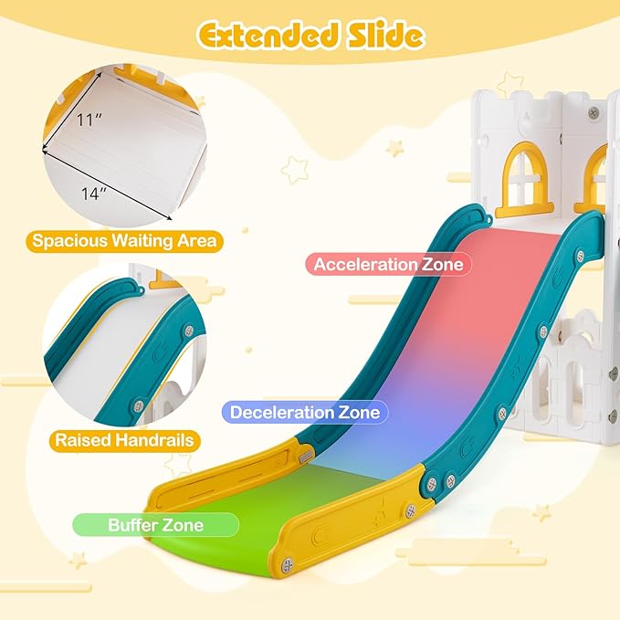 BABY JOY Toddler Slide, 6-in-1 Indoor Kids Slide Playset with Basketball Hoop, Telescope, Climbing Ladder & Storage Space, Freestanding Playhouse & Climber for Kids Aged 1-3 (Yellow)