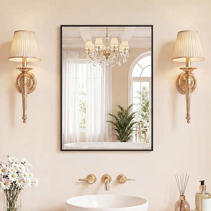 Sweetcrispy Bathroom Mirrors for Over Sink, 22" x 30" Rectangle Wall Mount Mirror with Metal Frame, Modern Vanity Mirror with Tempered Glass, for Home Decor, Anti-Rust, Black