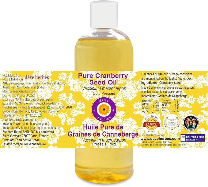 Deve Herbes Pure Cranberry Seed Oil (Vaccinium macrocarpon) Cold Pressed 200ml (6.76 oz)