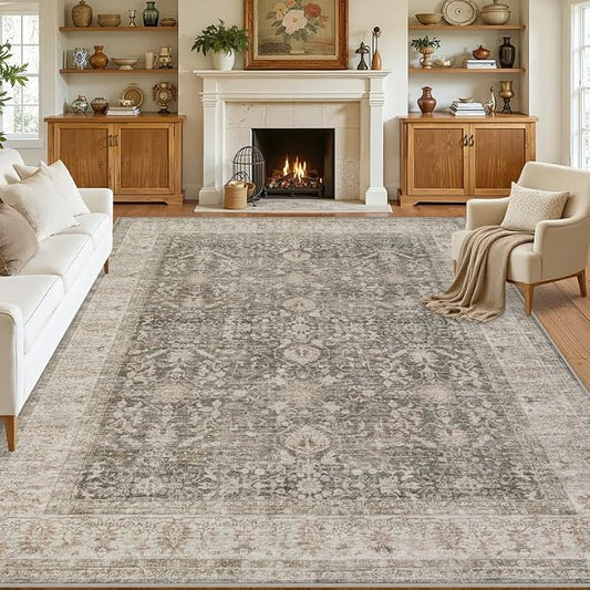 8x10 Area Rugs for Living Room: Vintage Boho Neutral Washable Rug Indoor Soft Large Area Rug Carpet for Bedroom Nursery Farmhouse Dining Room Office Floor Non-Slip Low Pile Under Table Rug Warm Taupe