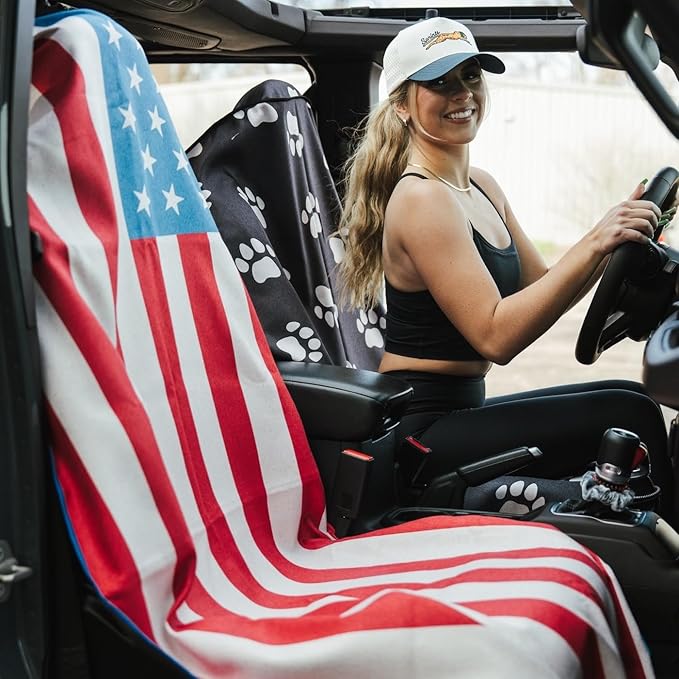 Sprints Athletic Running Towel, Full-Sized, Car Seat Cover - Performance Microfiber (American Flag w/Snaps)