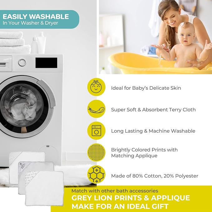 Spasilk Bath Hooded Towels & Washcloths Set for Babies, 2 Hooded Terry Bath Towels & 2 Washcloths, Grey Lion