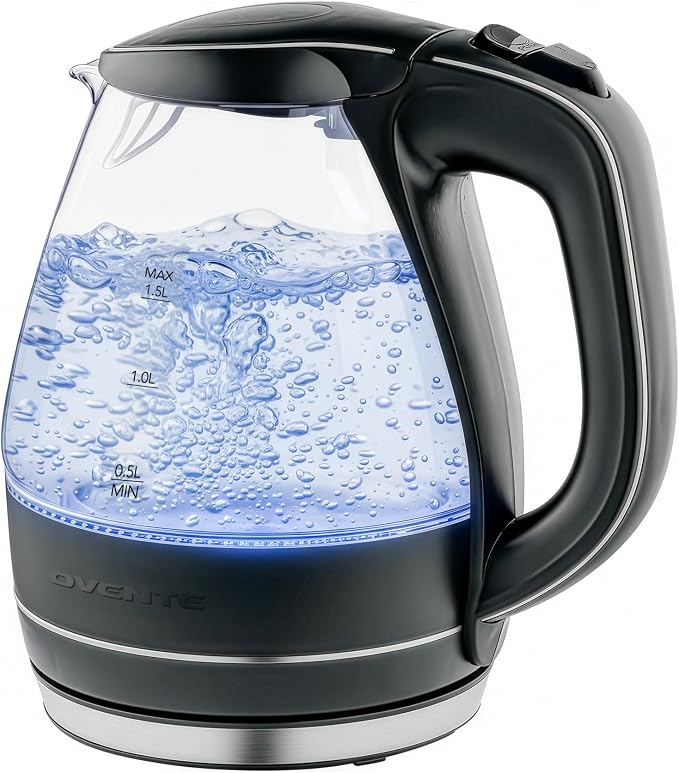 OVENTE Electric Kettle, 1.5L Borosilicate Glass Countertop Water Heater and Boiler for Coffee or Tea, BPA-Free, Auto Shut-Off, Boil-Dry Protection, Removable and Washable Spout Filter, Black KG83B