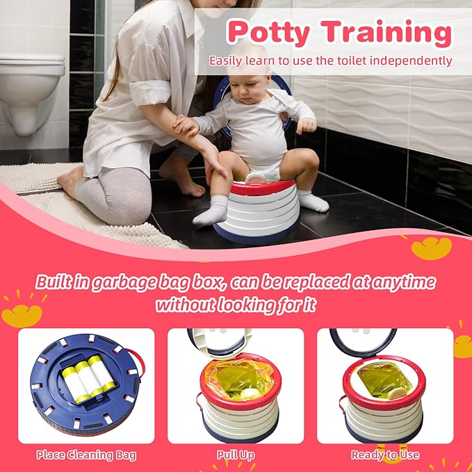 2025 Upgraded Portable Potty Training, Foldable Toilet,Travel Potty for Toddler, Apply to Seat Emergency Toilet for Camping, Outdoor, Car, Indoor, Including 3 rolls of garbage bags(Red-blue)