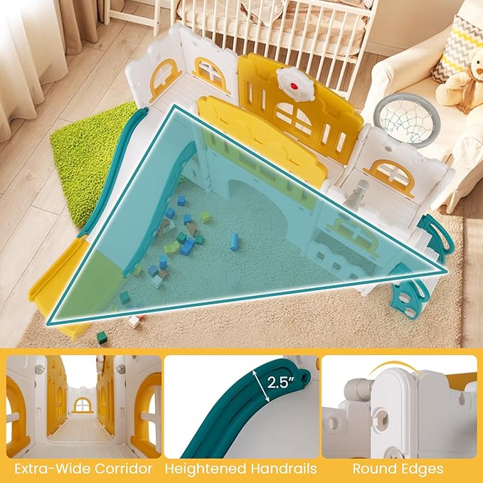 Costzon 8 in 1 Toddle Slide Playset, Freestanding Kids Slide w/Tunnel, Basketball Hoop, Toddler Climber Slide Playset Indoor Playground for Kids 1-3 w/Storage Space, Gifts for Boys Girls (Yellow)