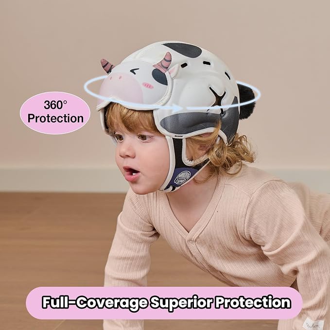 Baby Head Protector Baby Helmet for Crawling and Walking - No Bumps and Soft Safety Peak - Ultra Light and Adjustable Baby Head Protector Suitable for Babies 6-24 Months-Milky Cow