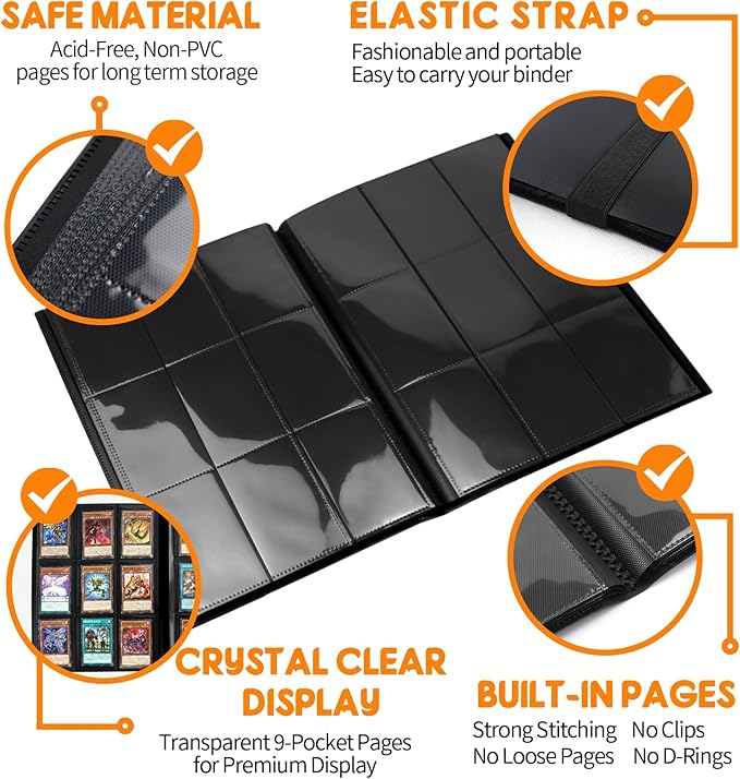 Trading Card Binder 9 Pocket, 360 Card Waterproof Folder with Side Loading Sleeves, Sturdy Card Collection Album for MTG, TCG, Game Cards & Sports Cards, Black