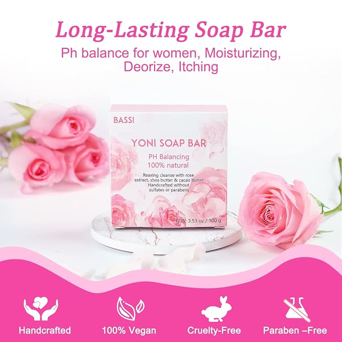 Yoni Soap Bars Feminine Wash 3 PCS, 100% Natural Organic Bar Soap for Women pH Balance, V Cleansing Soap for Daily Freshness & Odor Control, Handmade Rose Soap with Foaming Net 3.53 oz